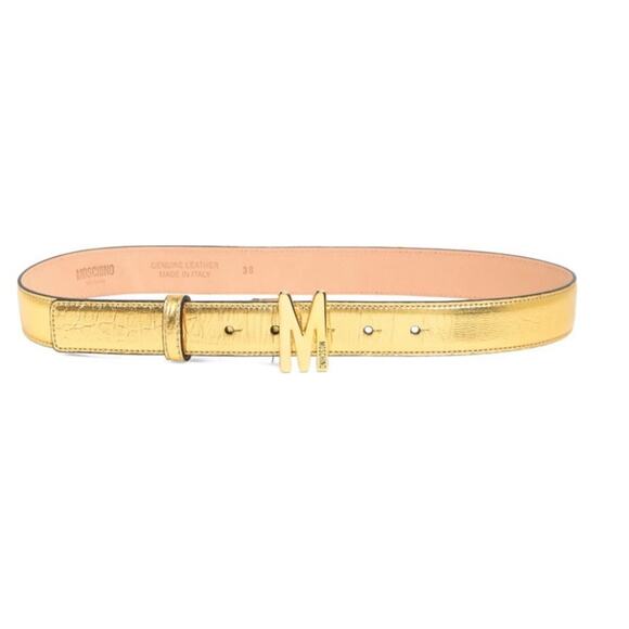 #MOSCHINO Leather Logo Belt Gold 90 NEW. - Picture 1 of 3